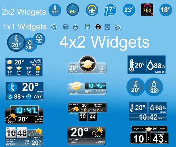 Official Weather Sky Blue artwork showing weather and clock widget designs