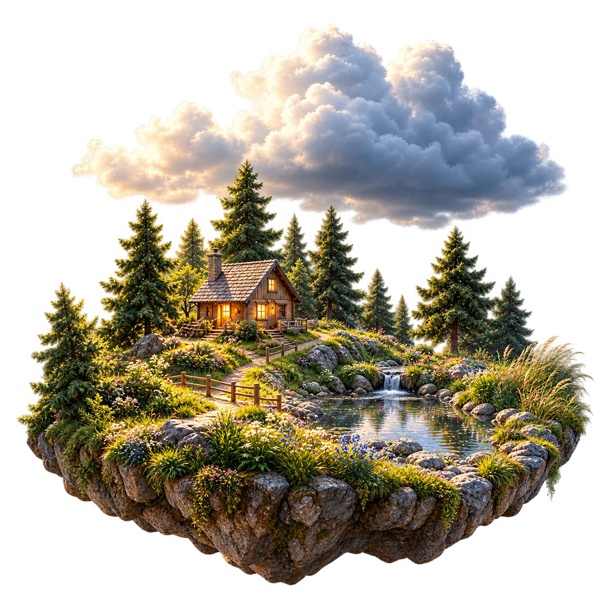 Illustrated floating landscape with a woodland cottage, a pond and clouds